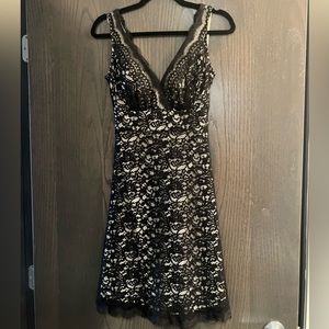 White house black market. Size 0. Black lace, tan v neck dress.